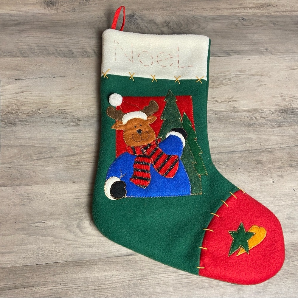 Vintage Christmas Stocking Felt Applique‎ with Reindeer Design Noel